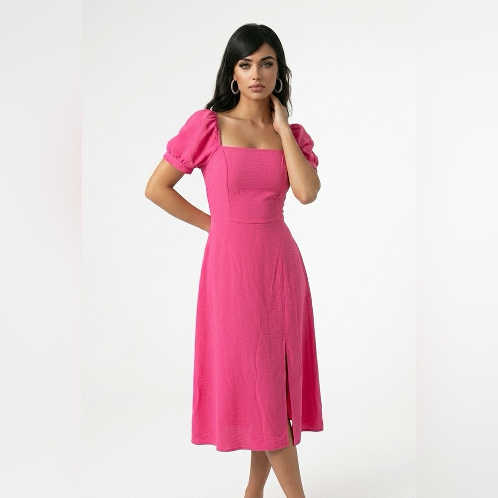 Monteau Fuchsia Square Neck Puff Sleeve Midi Dress
